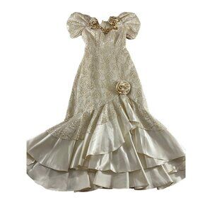 Vintage Mike Benet Formals Ivory Puff Sleeves Gown With Gold Trim - Small